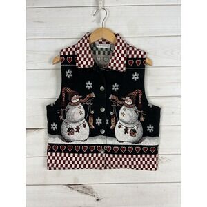 Dressbarn Vest Womens Large Black Snowman Christmas Holiday Hearts Tapestry